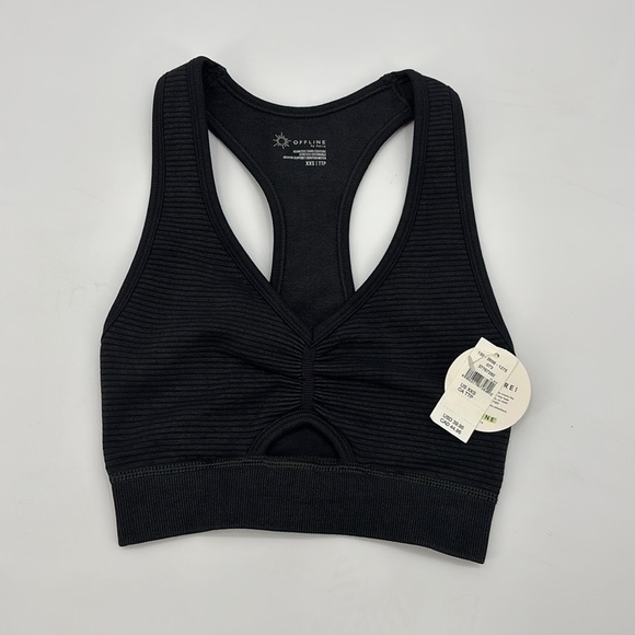 Aerie Offline Black Seamless Layered Ribbed Keyhole Sports Bra size XXS NWT - Picture 2 of 11